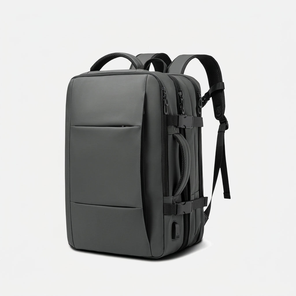 expandable travel backpack with USB port in grey, 45L