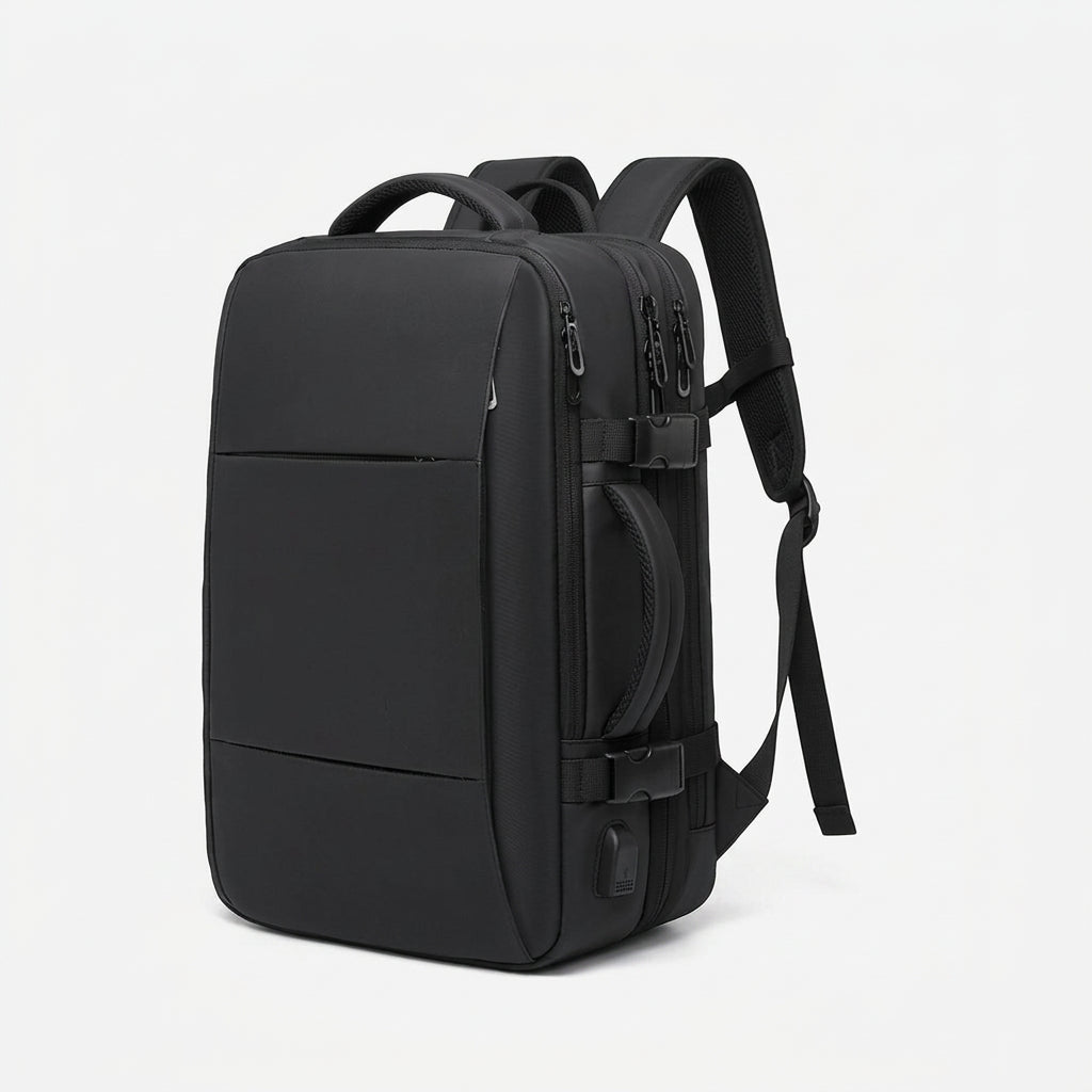 MetroHaul expandable travel backpack with USB port in black, 37L