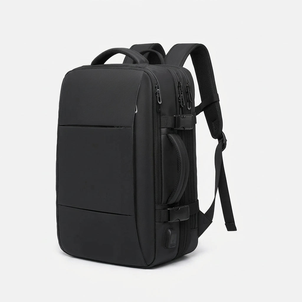  expandable travel backpack with USB port in black, 45L