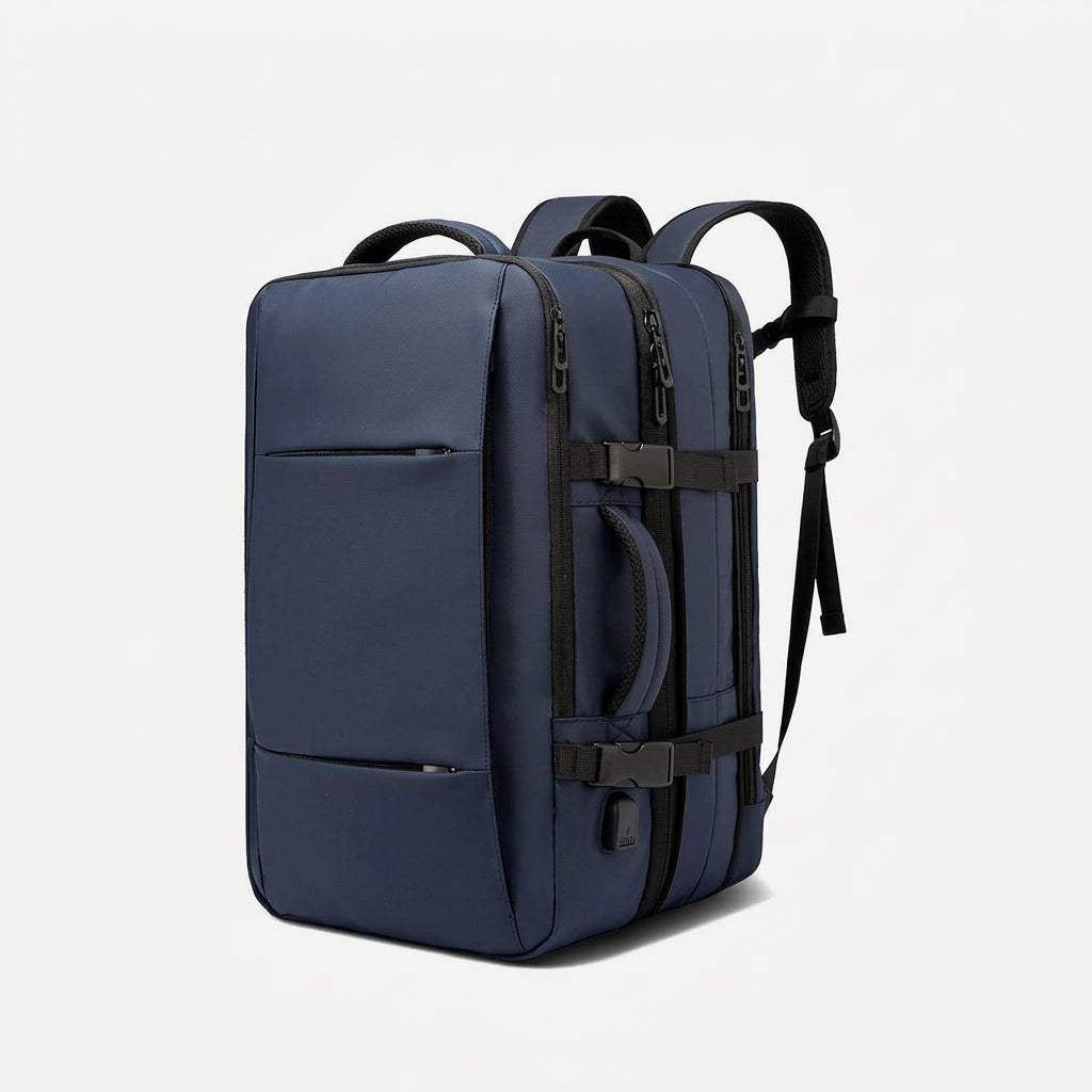 MetroHaul expandable travel backpack with USB port in blue, 45L