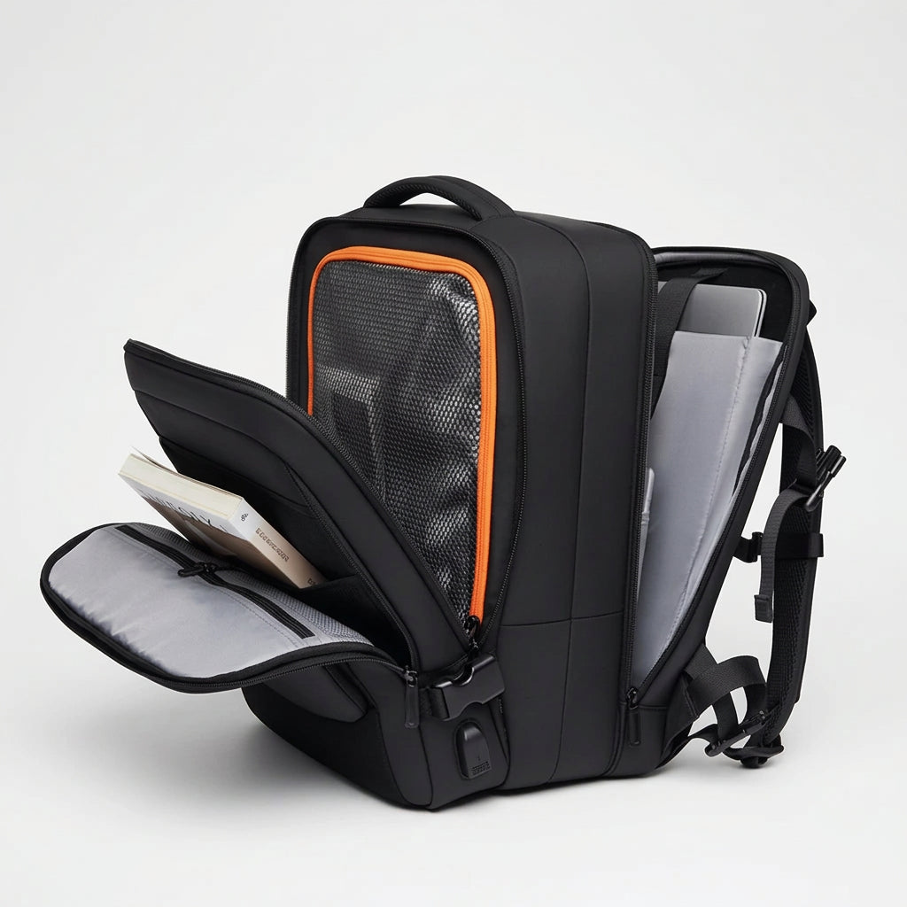 Open MetroHaul BackPack displaying interior compartments and storage layout - travel essentials