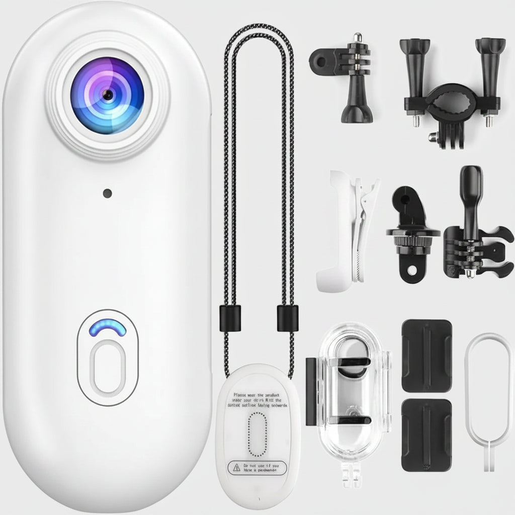 white Action camera with accessories on a white background