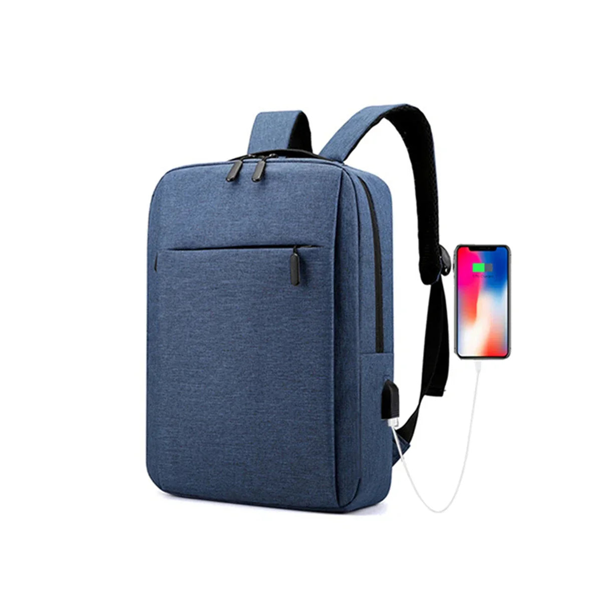 Blue backpack with USB port and smartphone showing battery life on a white background