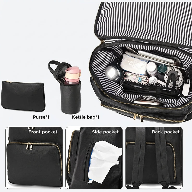 MommyLuxe leather baby backpack side view 11 pockets stroller strap
