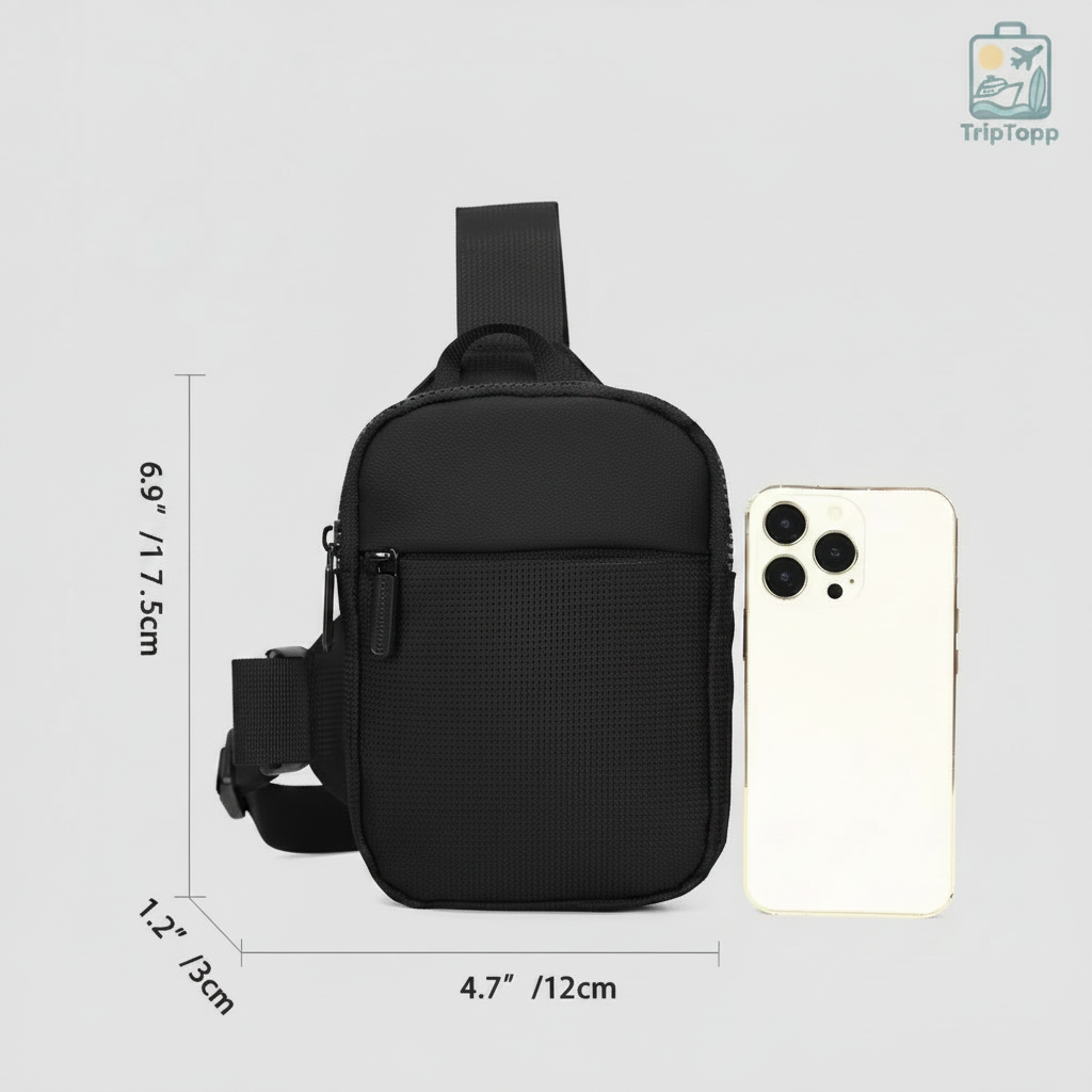 Black waist bag with dimensions and a smartphone for scale, branded 'TripTopp'. MoveLite small travel sling bag for essentials and security