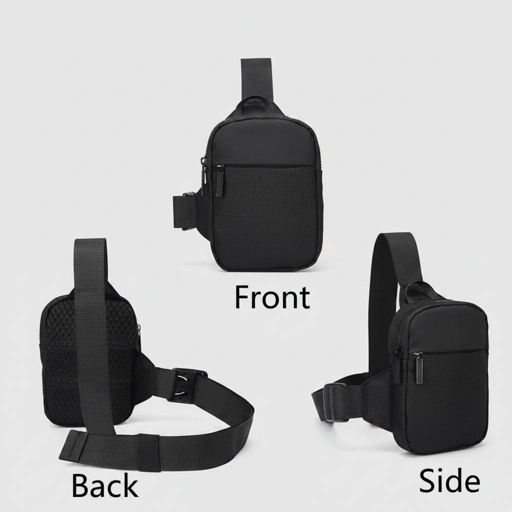 Black sling bag shown from front, back, and side views on a white background. MoveLite small travel sling bag for essentials and security