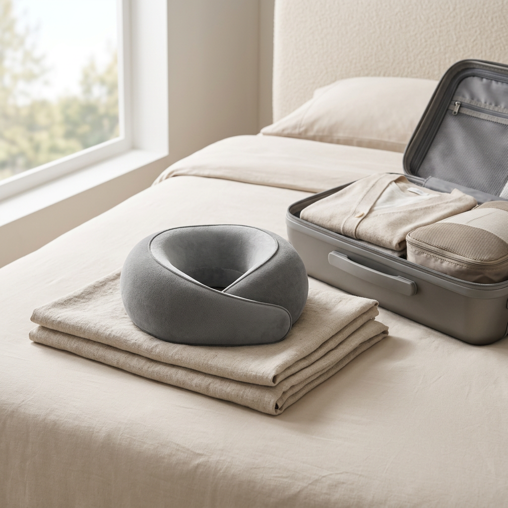 NapMate travel neck pillow on a blanket beside an open carry-on suitcase, memory foam airplane travel pillow