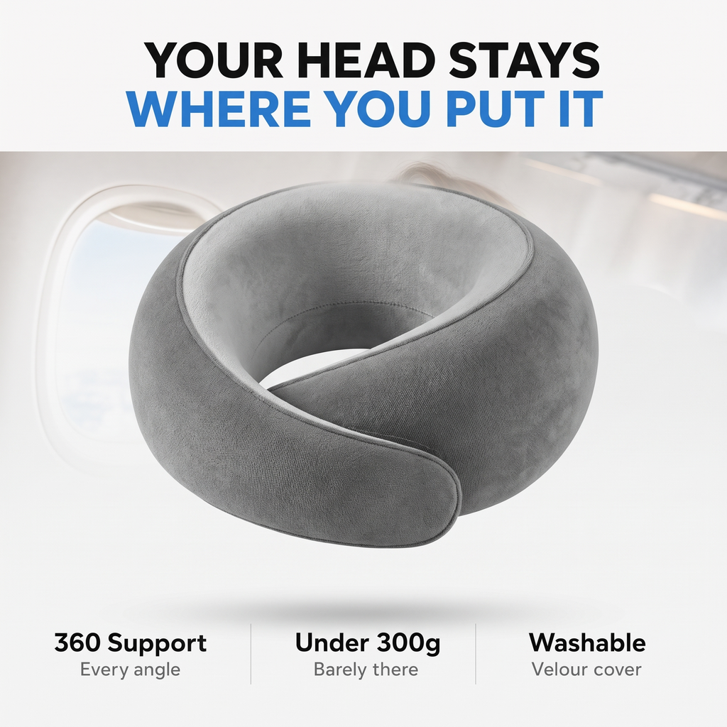 NapMate travel neck pillow studio product shot on light grey background, memory foam airplane pillow