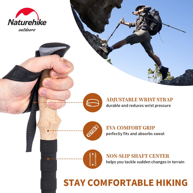 Naturehike carbon fibre poles pair protecting knees on mountain descent trail