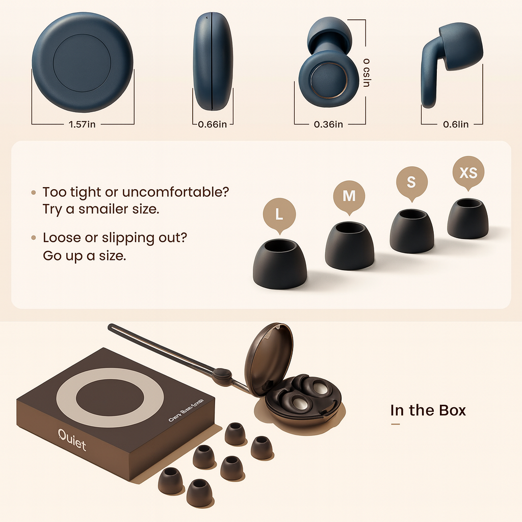 Earpod packaging with size chart and earbud display on a beige background