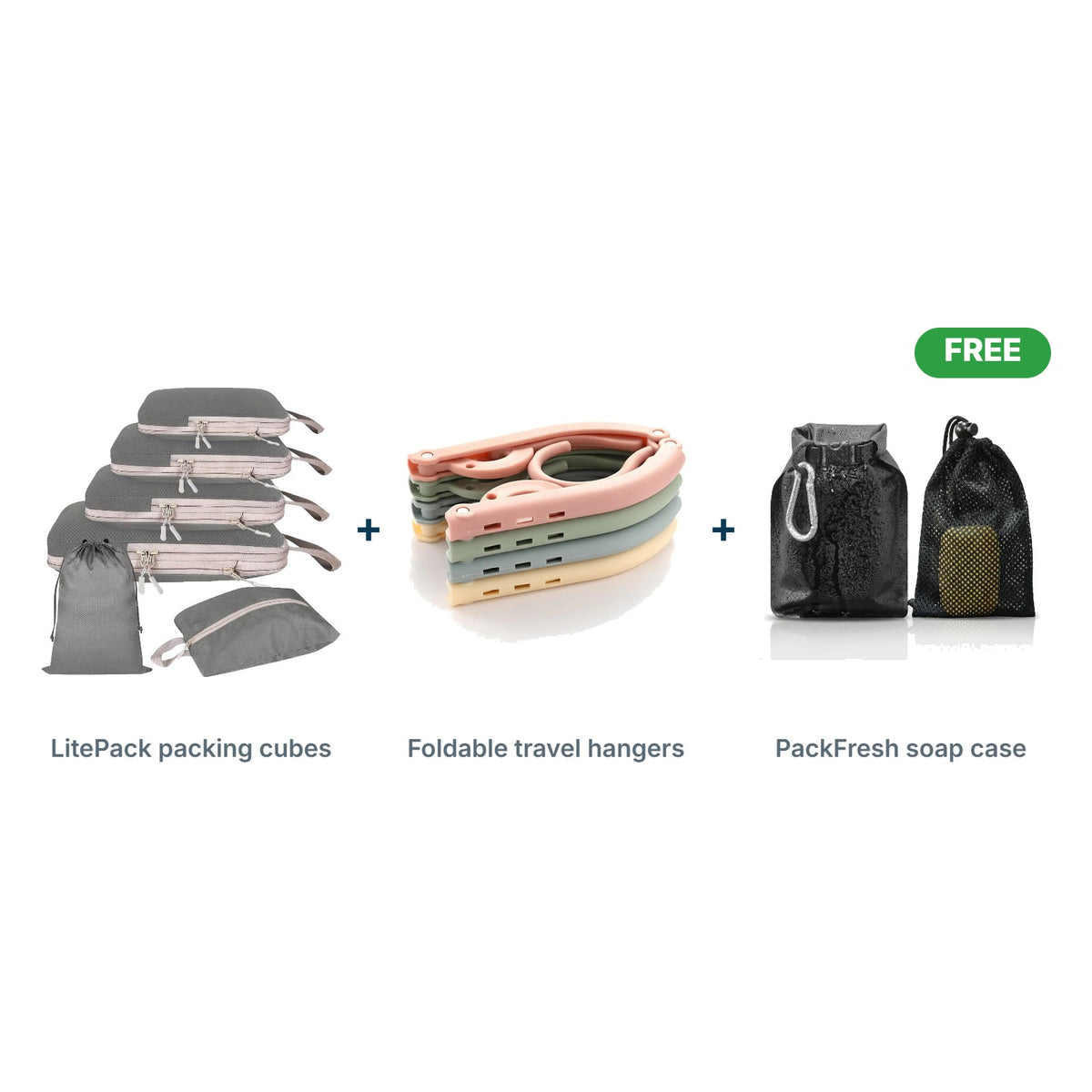 Organised Cubes Kit: LitePack packing cubes, Foldable travel hangers, FREE PackFresh soap case
