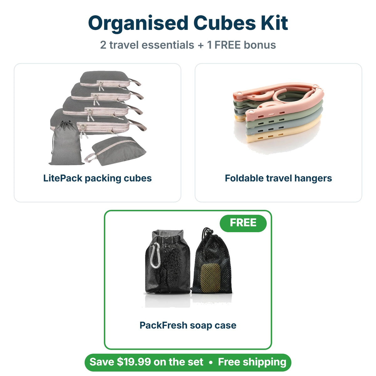 What's inside the Organised Cubes Kit: LitePack packing cubes, Foldable travel hangers, FREE PackFresh soap case