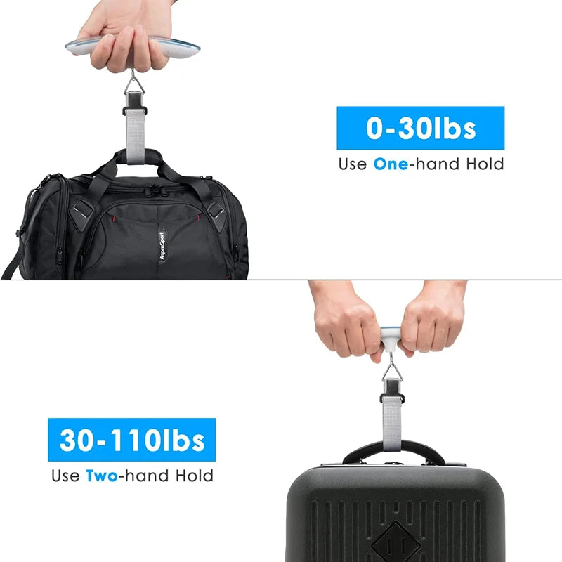 Weighing a duffel bag and a suitcase with the PackCheck digital luggage scale, one or two-hand hold