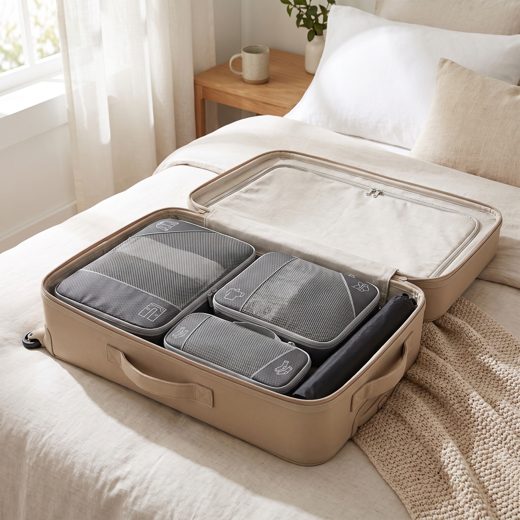 PackEase compression packing cubes set neatly arranged inside an open suitcase, space-saving travel organisers