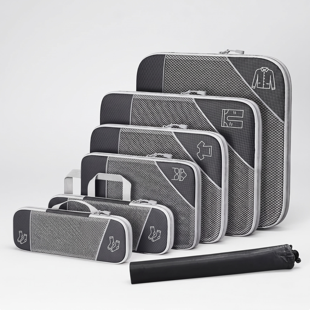 PackEase compression packing cubes set studio product shot on light grey background