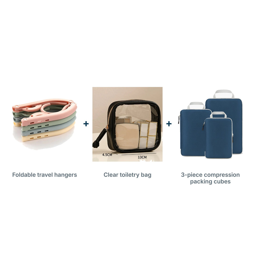 Packing Pro Kit: Foldable travel hangers, Clear toiletry bag, 3-piece compression packing cubes