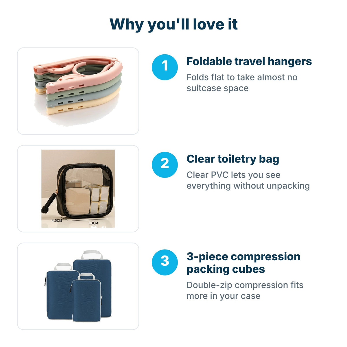Why you'll love the Packing Pro Kit: Foldable travel hangers, Clear toiletry bag, 3-piece compression packing cubes