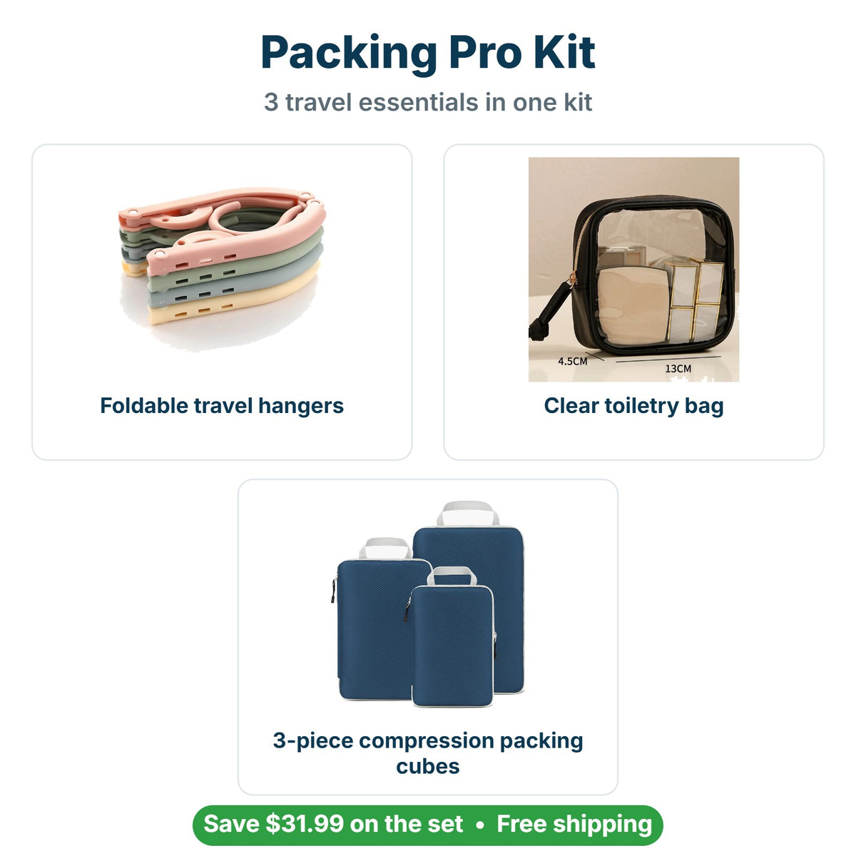 What's inside the Packing Pro Kit: Foldable travel hangers, Clear toiletry bag, 3-piece compression packing cubes