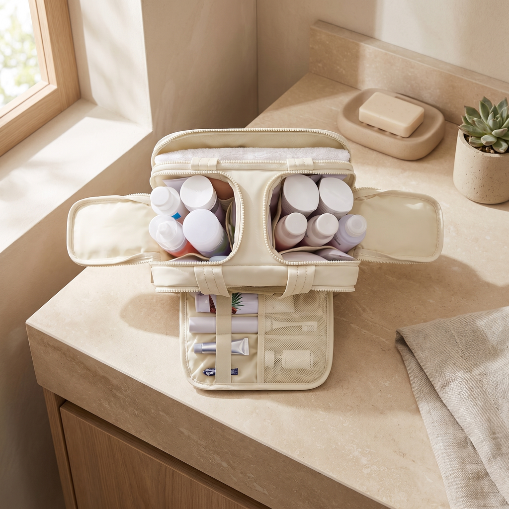 PackTidy toiletry bag open on a bathroom bench with wet-dry compartments full of toiletries