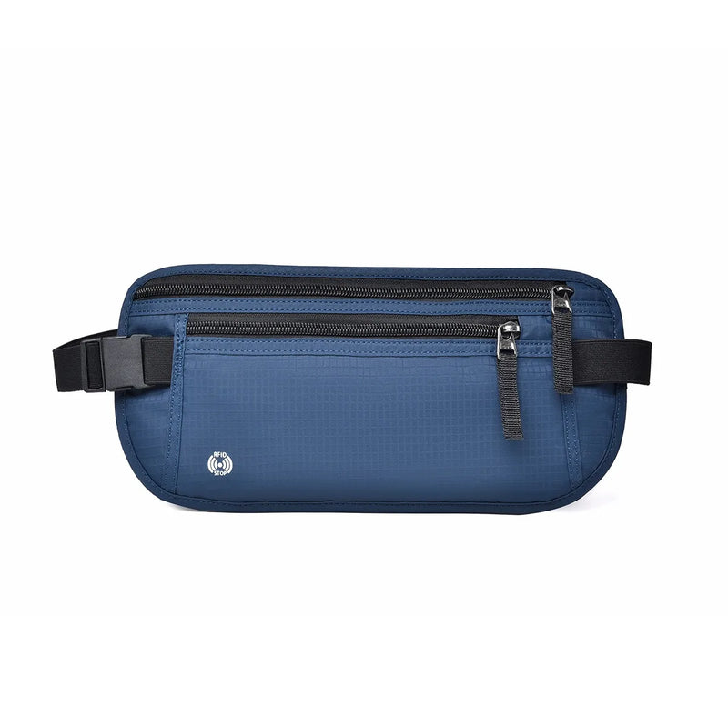 PasSafeBelt RFID waist pouch open showing passport phone cards and travel documents