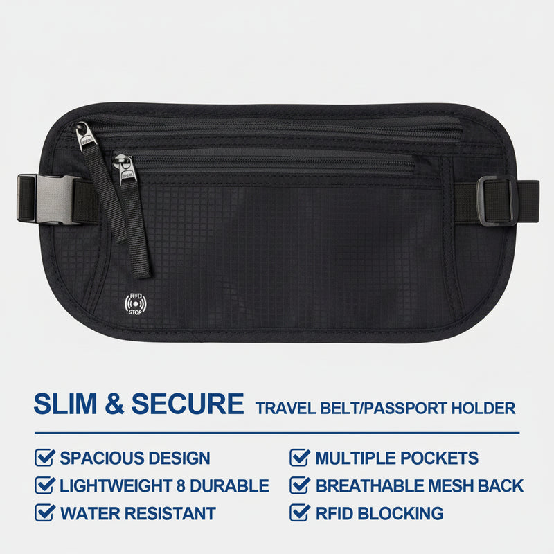 PasSafeBelt RFID money belt side view showing slim profile under clothing