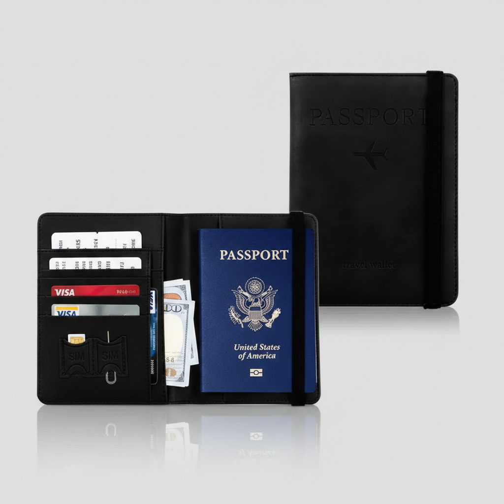 Black passport holder with multiple compartments and a passport inside, on a white background. Compact travel passport holder with RFID protection