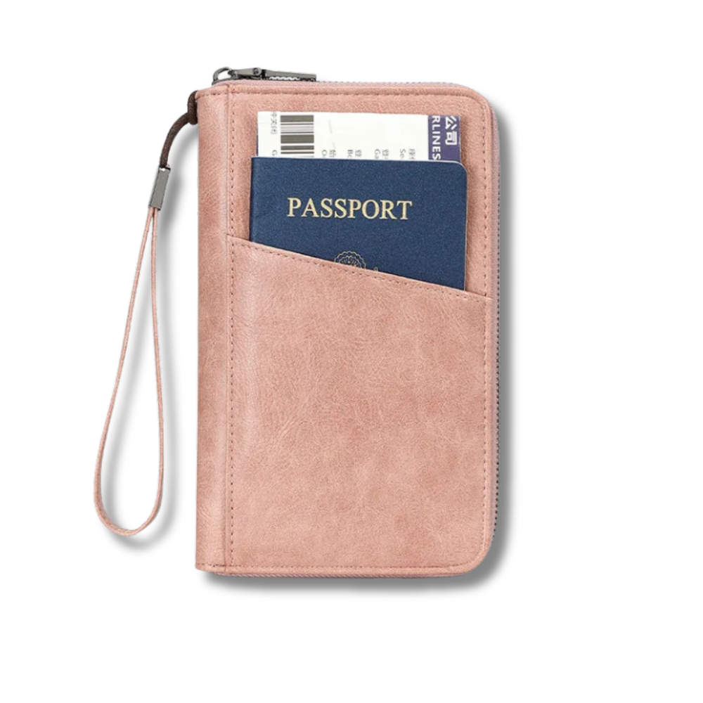 Pink travel wallet with a passport and ticket on a white background