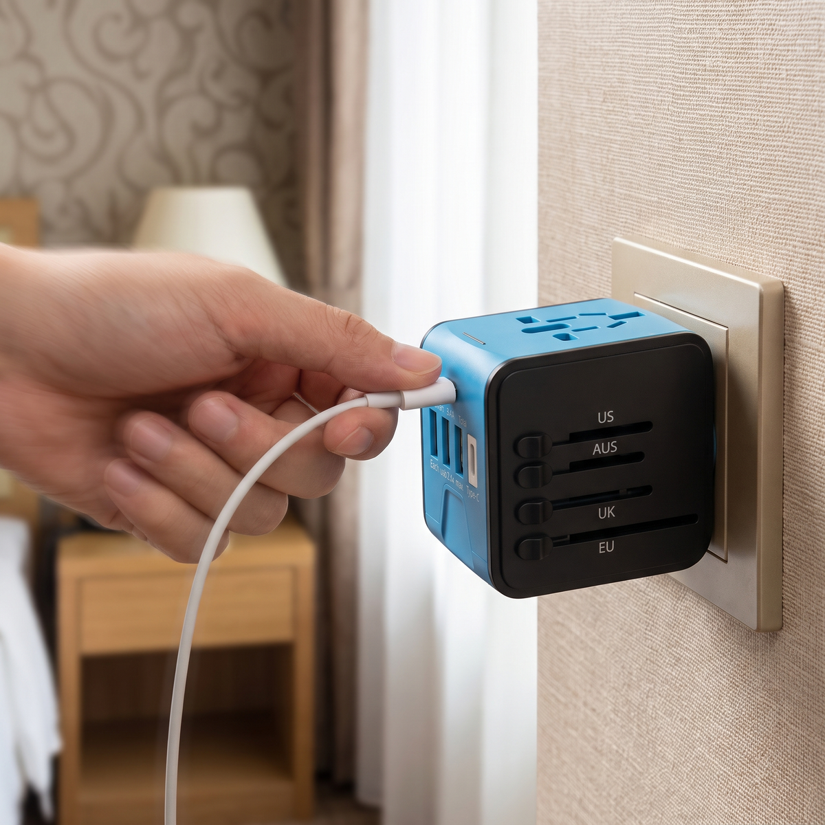 PlugMate universal travel adapter plugged into a hotel wall charging a phone