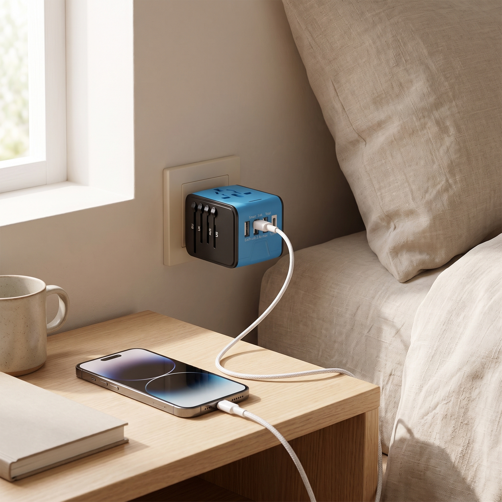 PlugMate universal travel adapter plugged into a hotel wall outlet charging a phone, 160+ country travel adapter