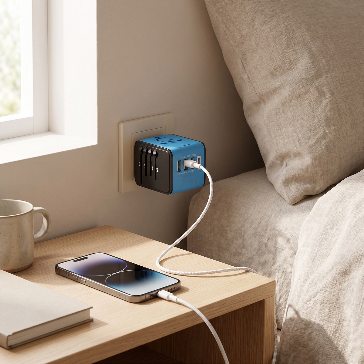 PlugMate universal travel adapter plugged into a hotel wall outlet charging a phone, 160+ country travel adapter
