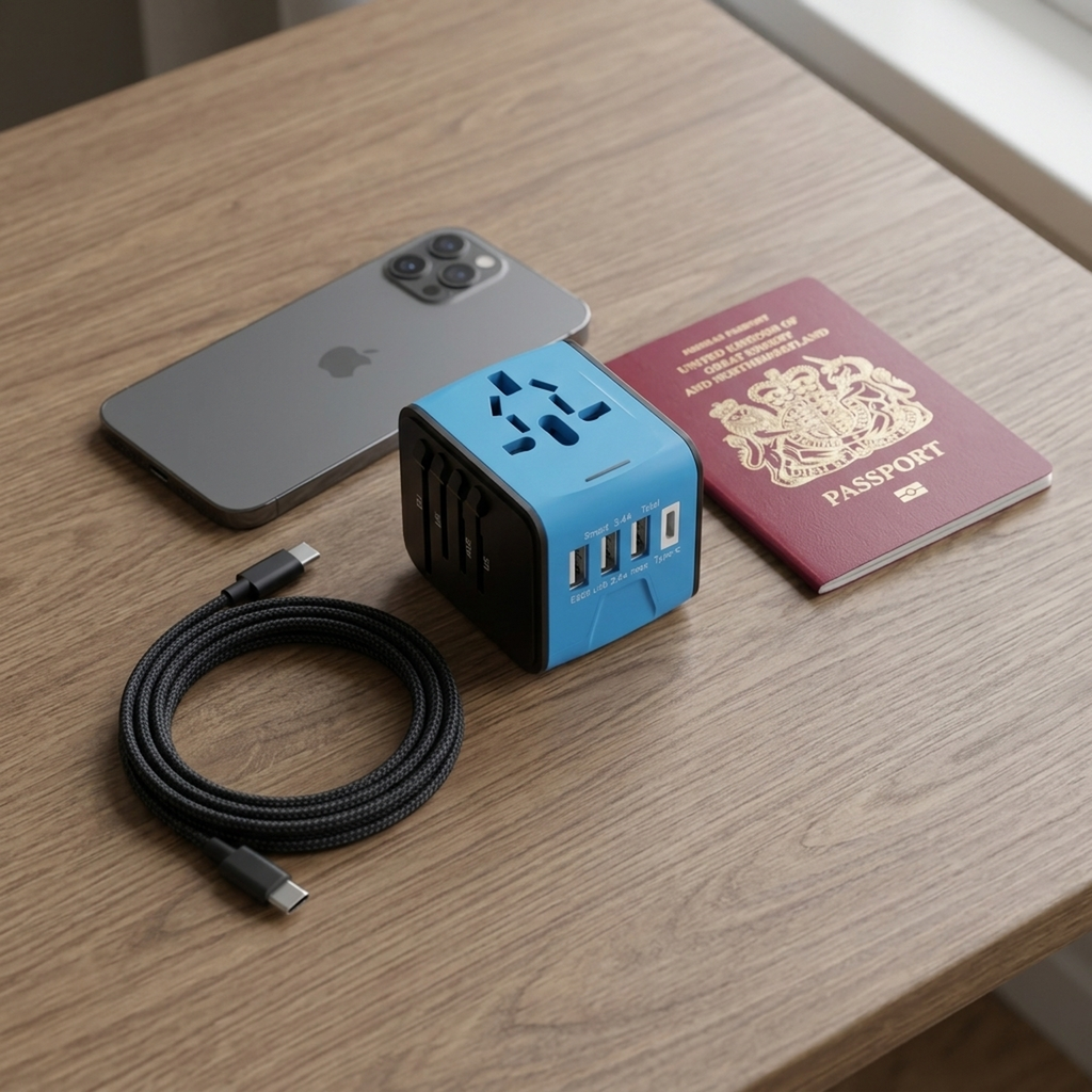 PlugMate universal travel adapter beside a passport, phone and charging cable