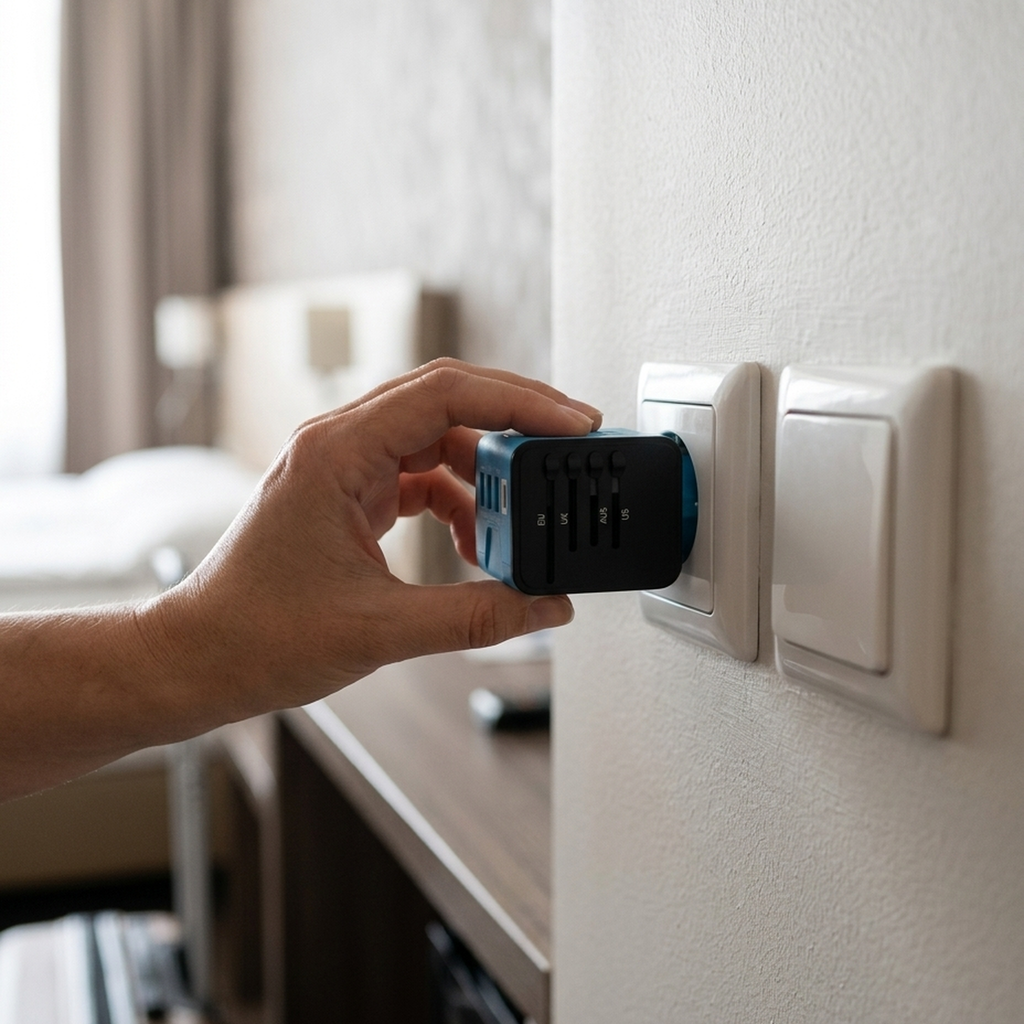 Plugging the PlugMate universal travel adapter into a European wall socket