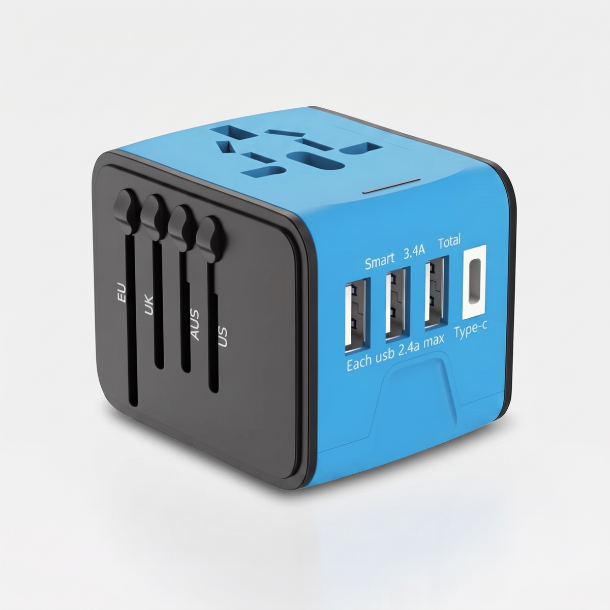 PlugMate universal travel adapter studio product shot on light grey background, 160+ country adapter