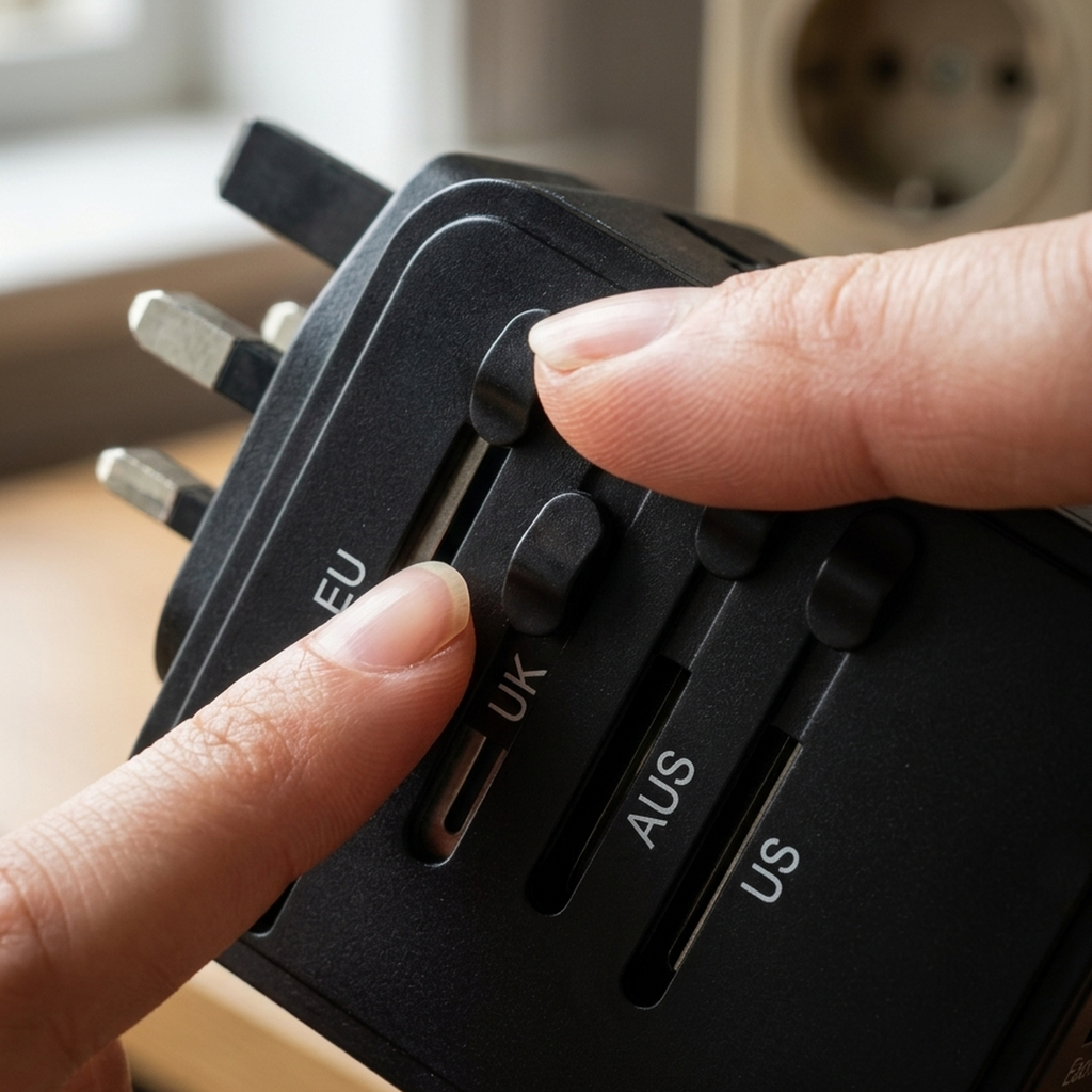 PlugMate travel adapter slider selecting US, UK, EU or AUS plug