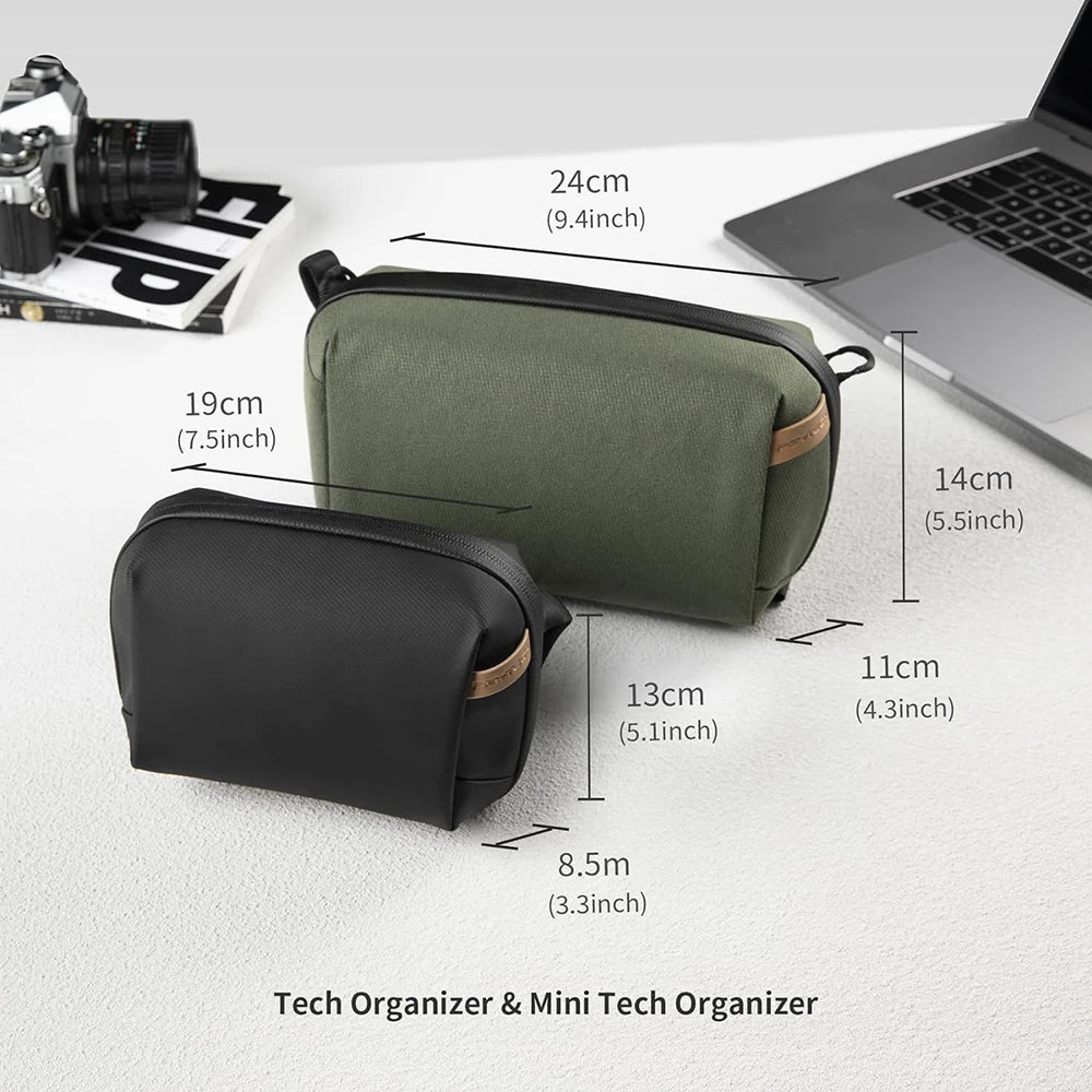 product front view CarryOn Tech Organizer Two tech organizers with dimensions labeled on a light gray background