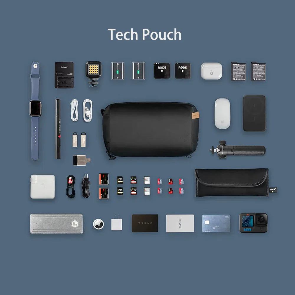 product front view CarryOn Tech Organizer Tech pouch with various electronic devices on a blue background
