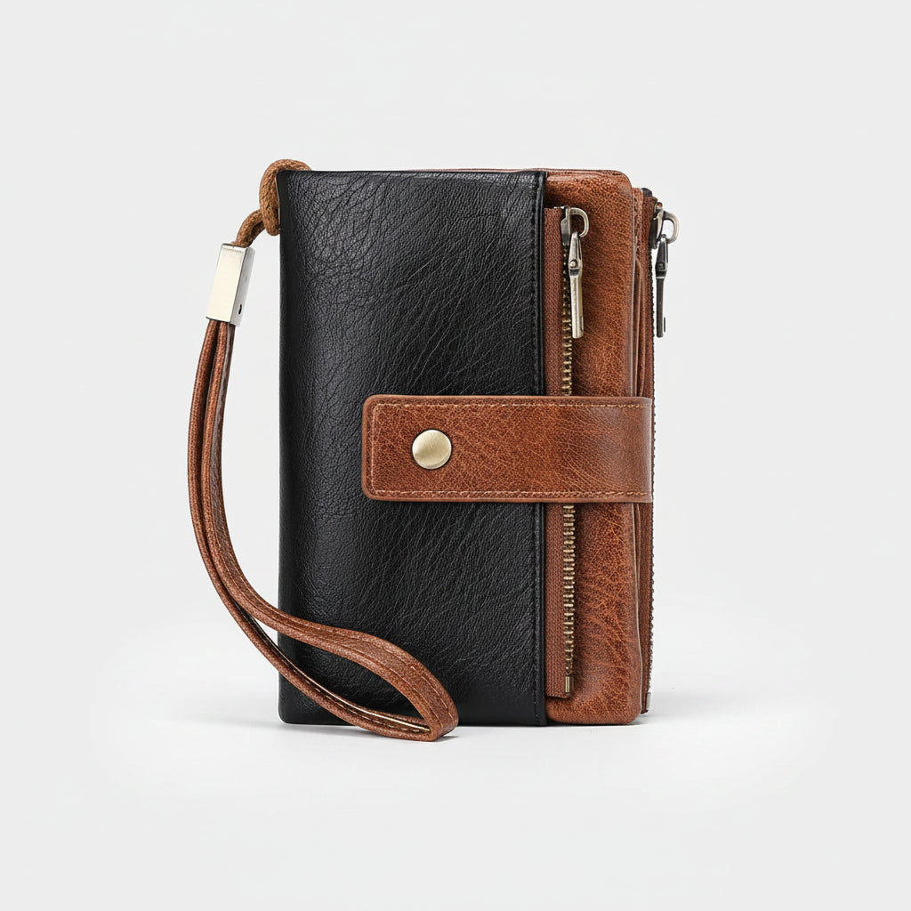 Black and brown leather crossbody bag with RFID protection on a white background