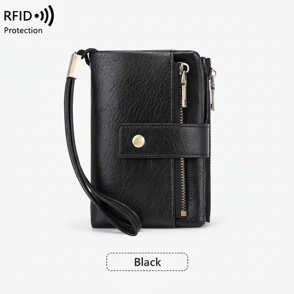 Black leather crossbody bag with RFID protection on a white background