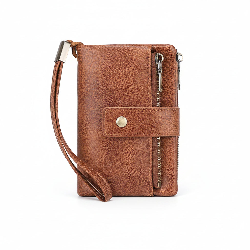 Brown leather wallet with strap and RFID protection on a white background