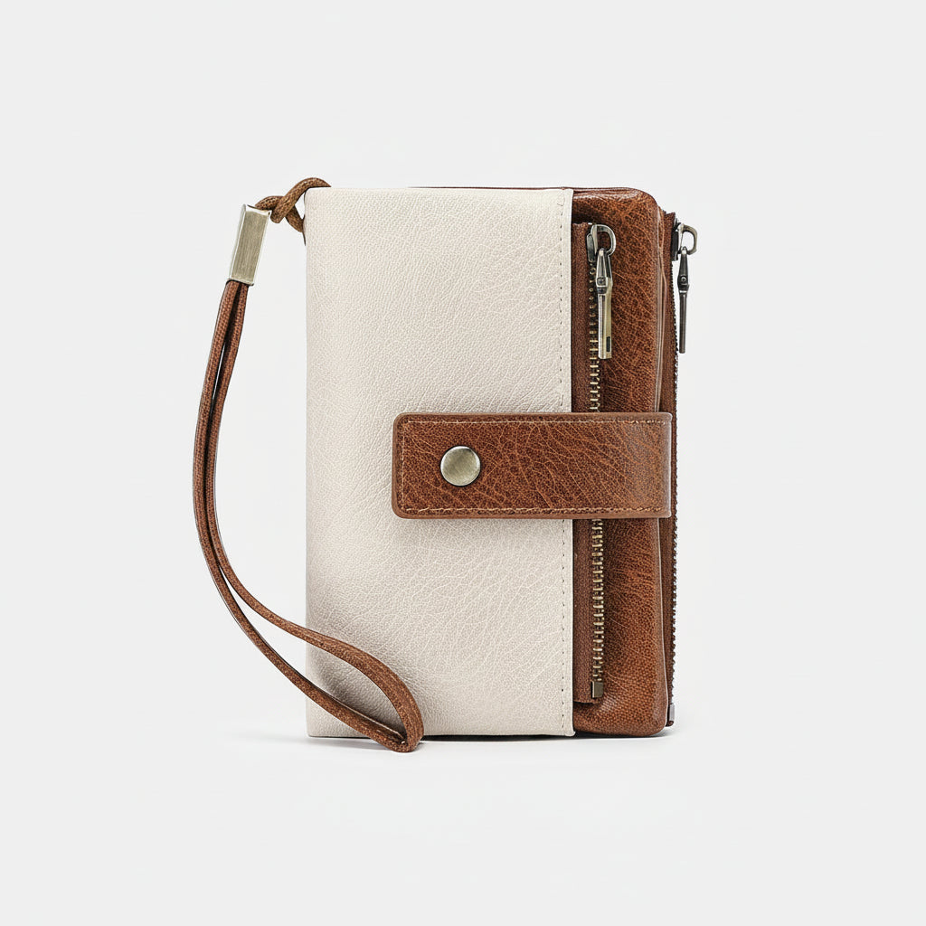 Brown and white wallet with RFID protection on a white background