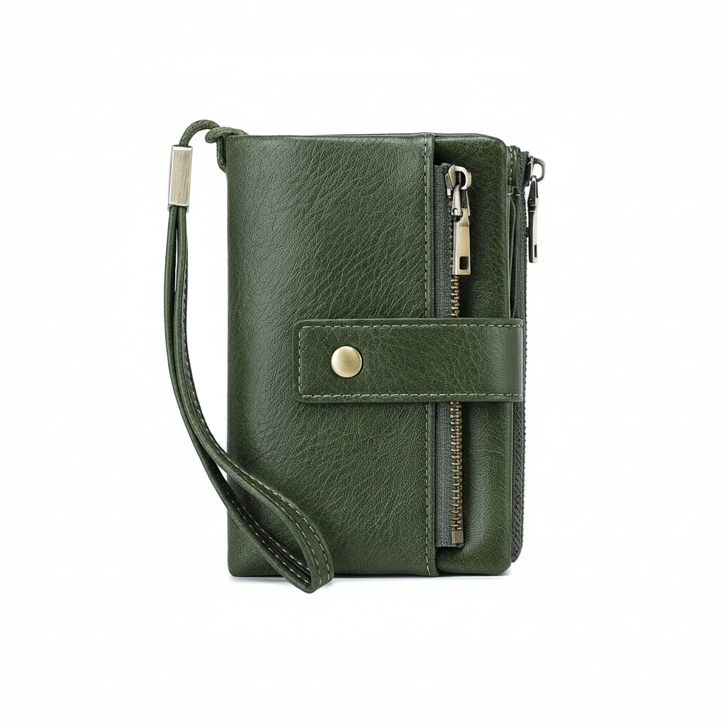 Green leather wallet with RFID protection on a white background