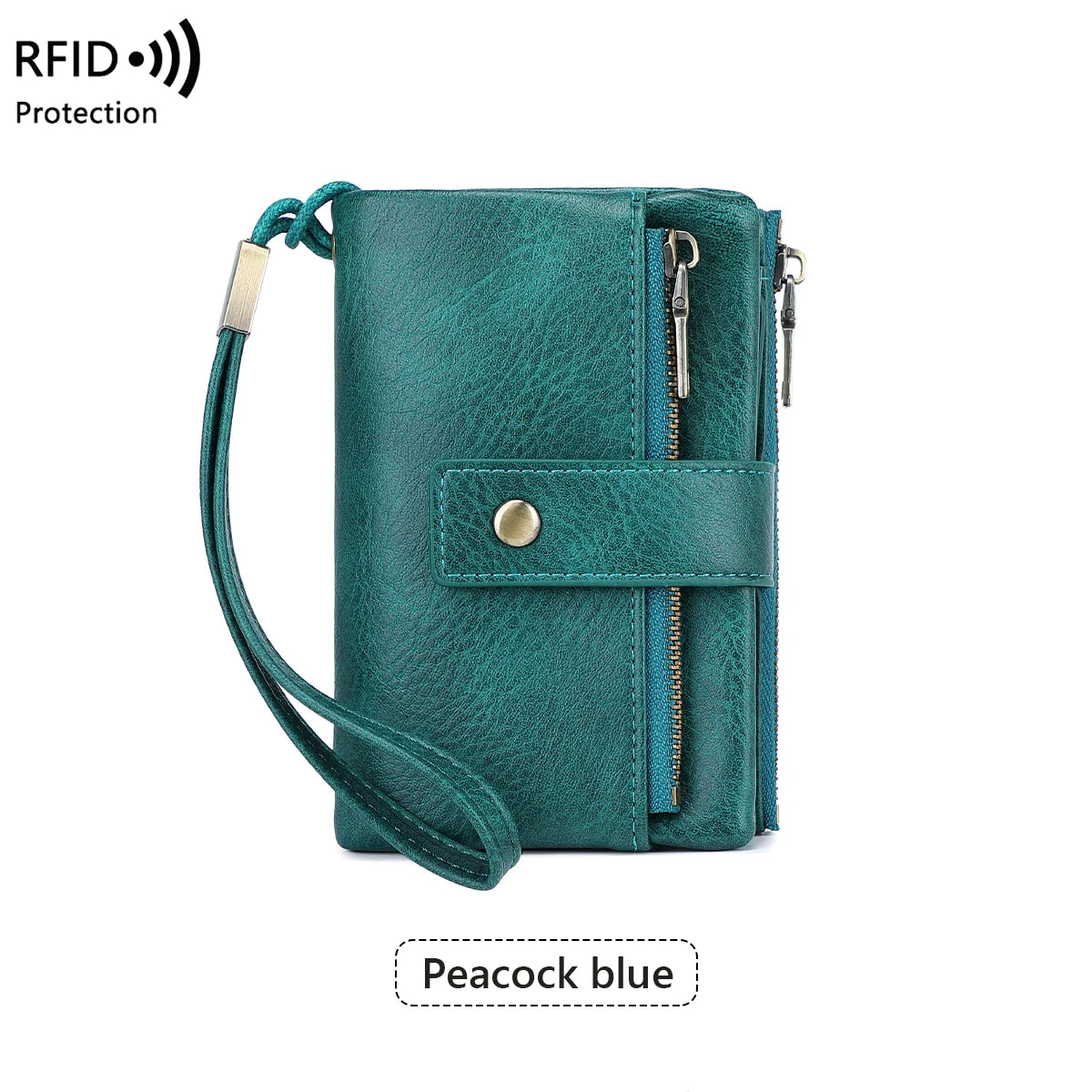 Teal leather wallet with crossbody strap on a white background, featuring RFID protection.