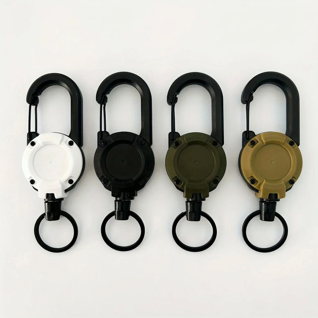 Four retractable carabiner keychains in white, black, army green and khaki