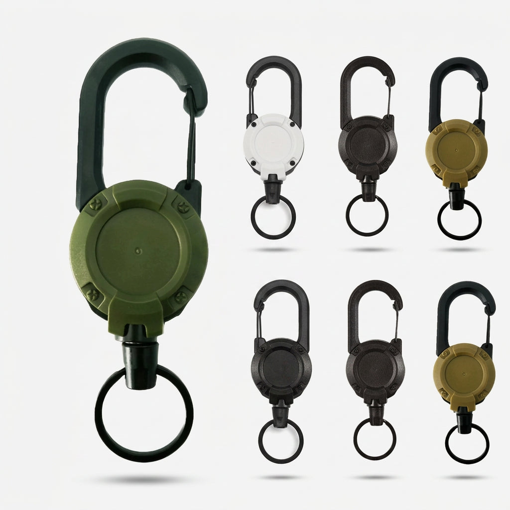 Retractable keychains with carabiner clips in army green, white, black and khaki