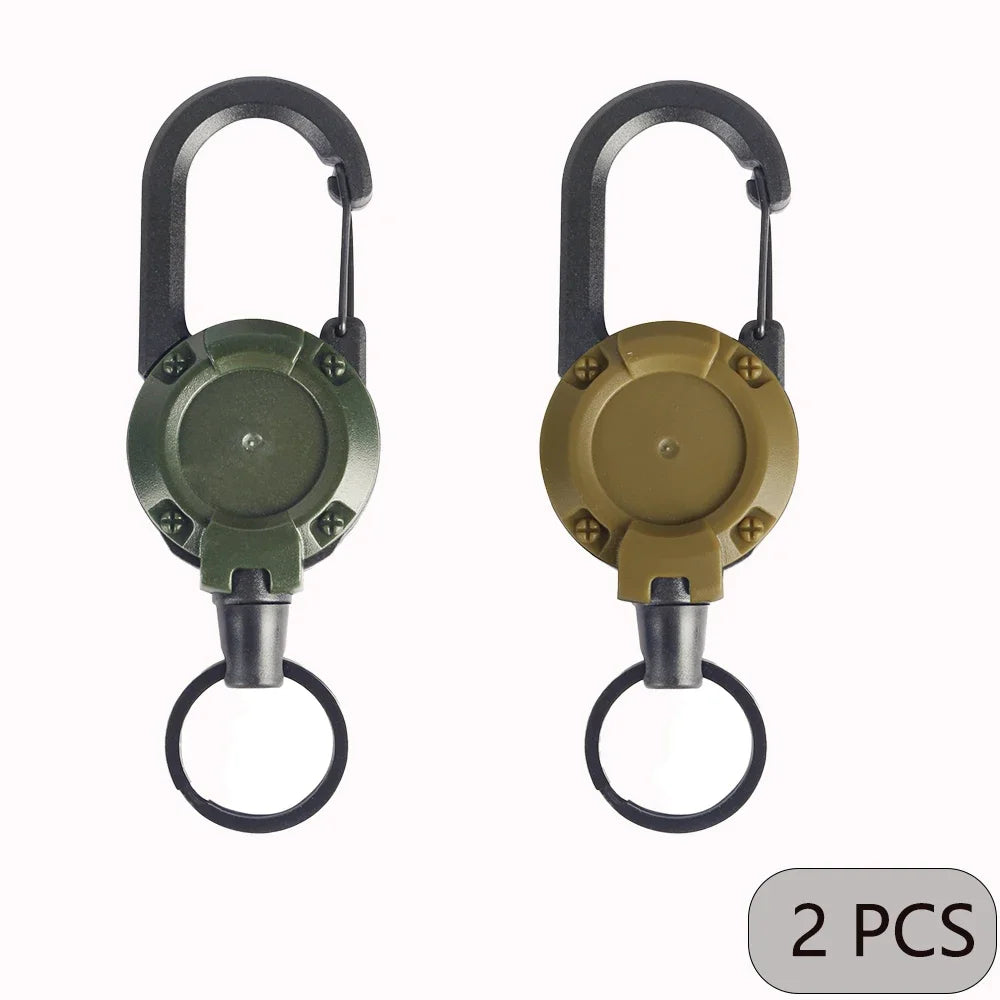 Two-pack of green and khaki retractable keychains with carabiner clips