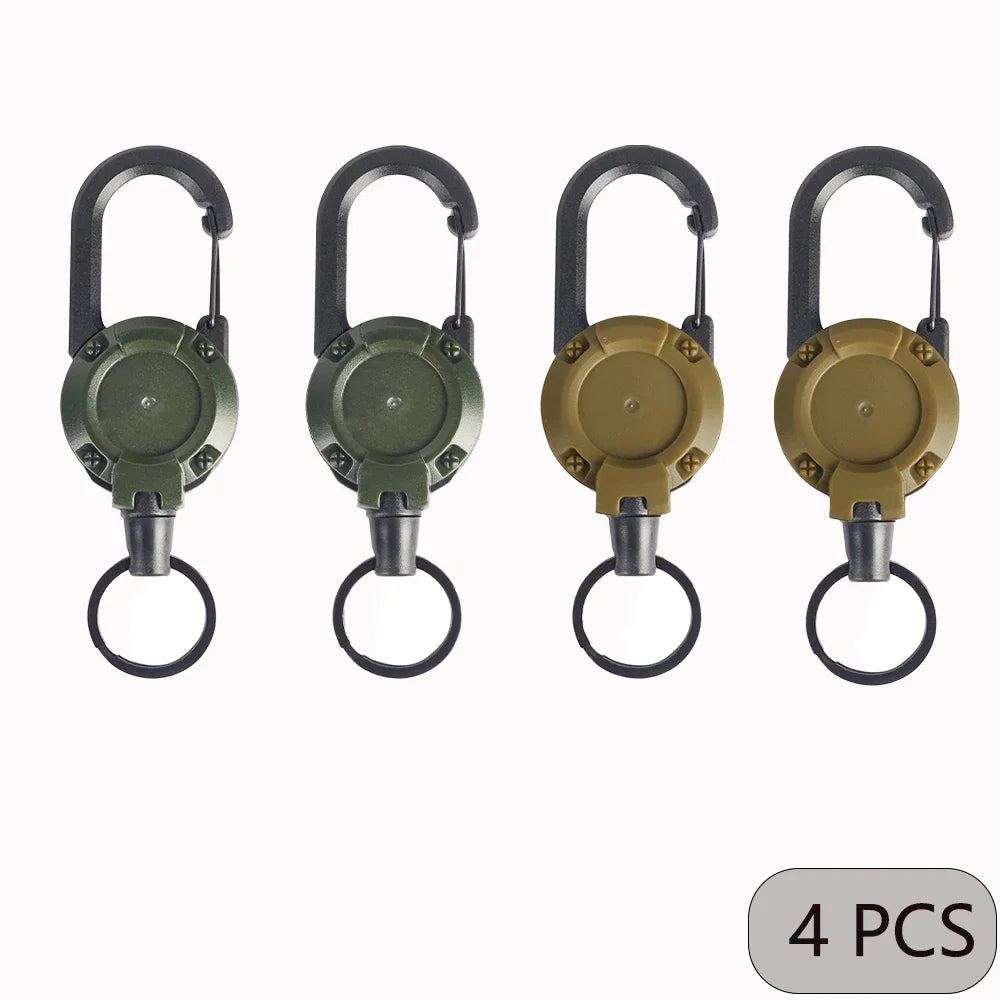 Four-pack of green and khaki retractable keychains with carabiner clips