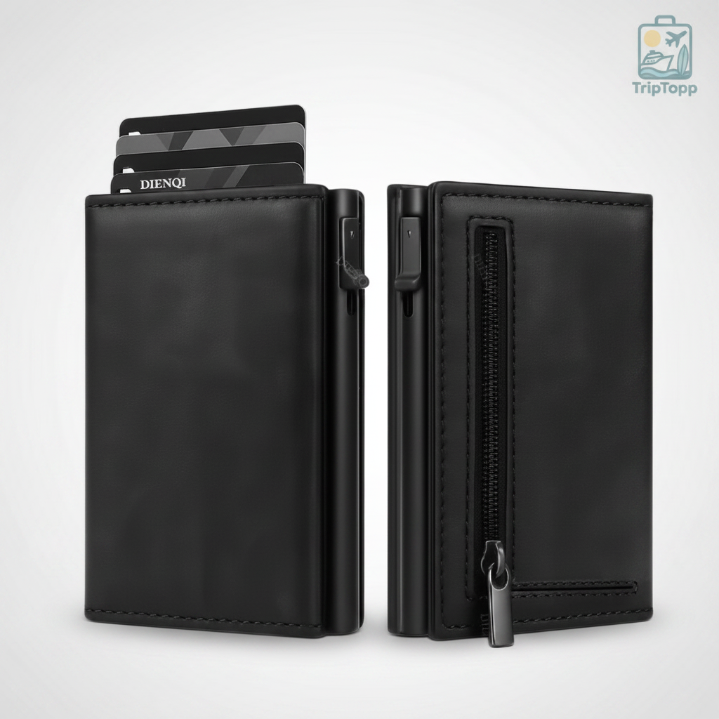 Black leather wallet with zipper and cards - travel essentials