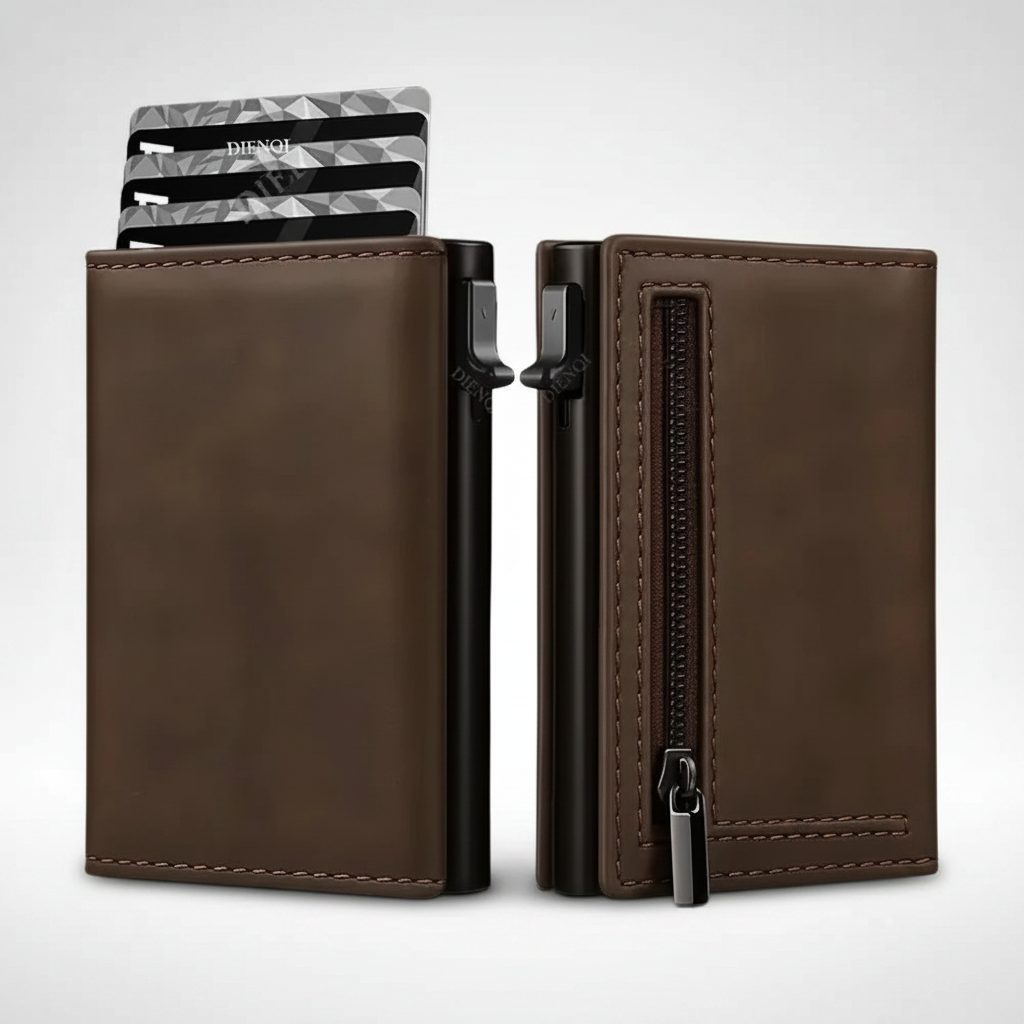Brown leather wallet with zipper and cards - travel organiser pouch