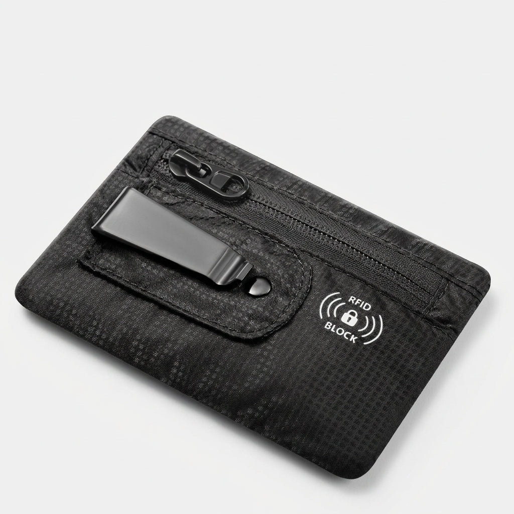 RFID blocking waist pouch comparison showing slim profile hidden under clothing