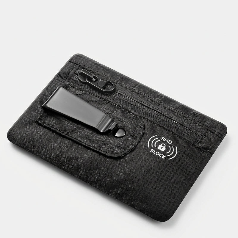 RFID blocking waist pouch comparison showing slim profile hidden under clothing